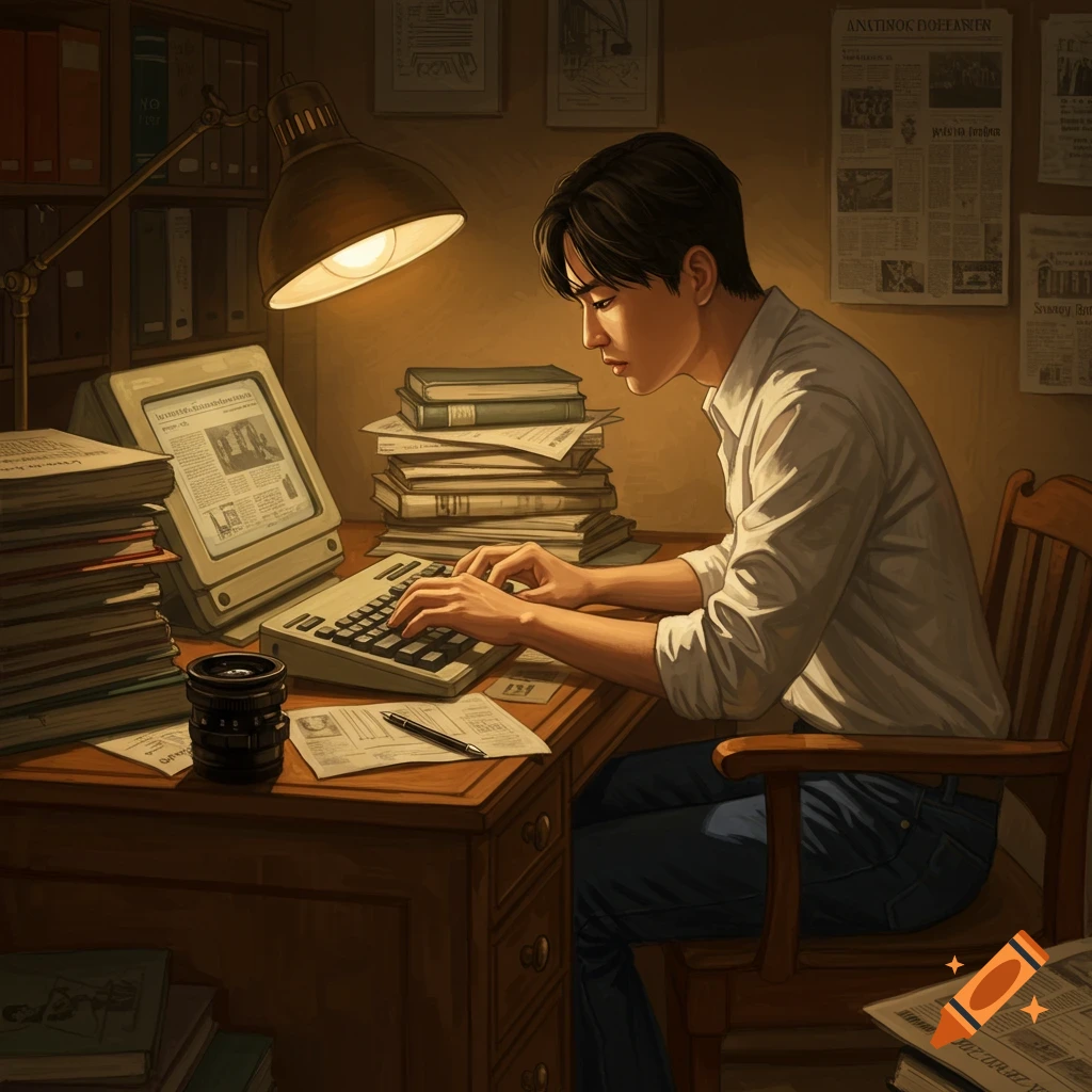 A person typing on a vintage computer at a desk piled with books and papers.