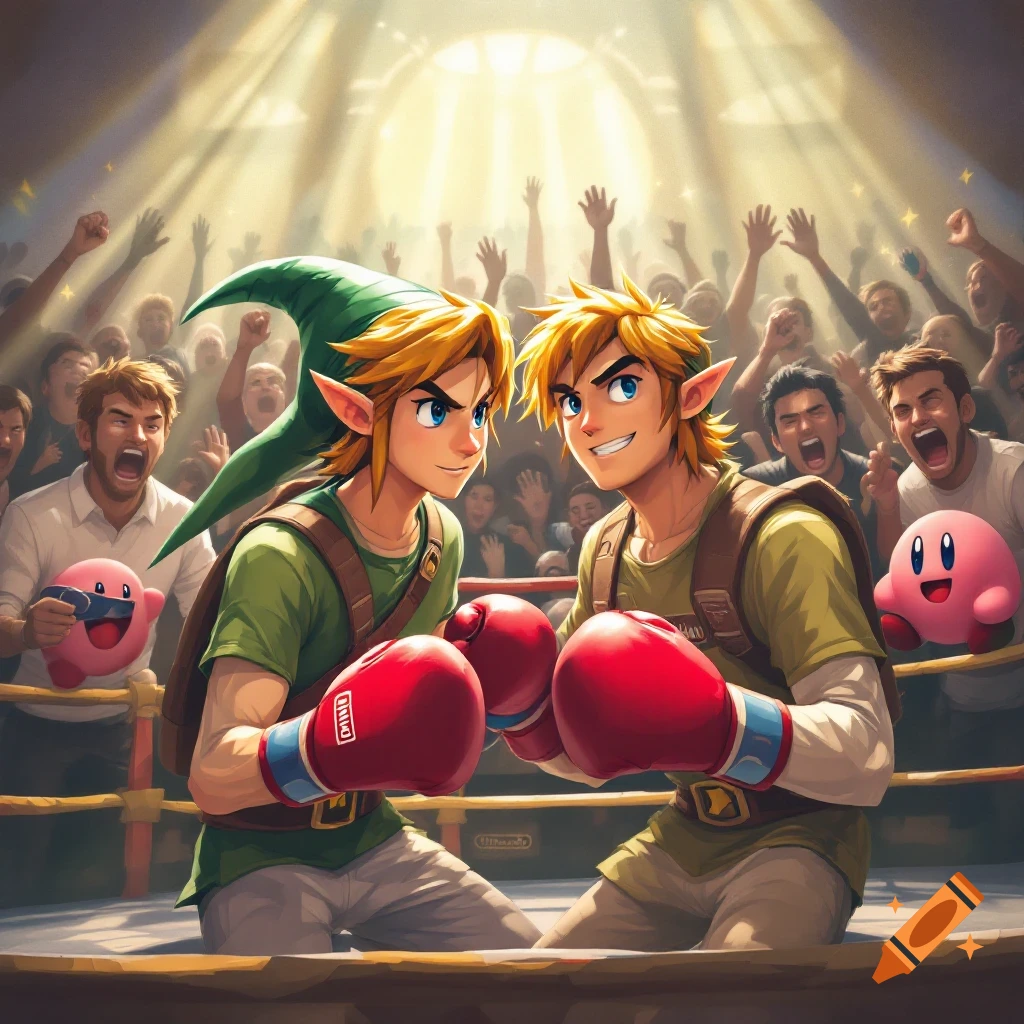 Two characters resembling Link in a boxing ring, wearing red gloves, facing each other with a cheering crowd and Kirby nearby.