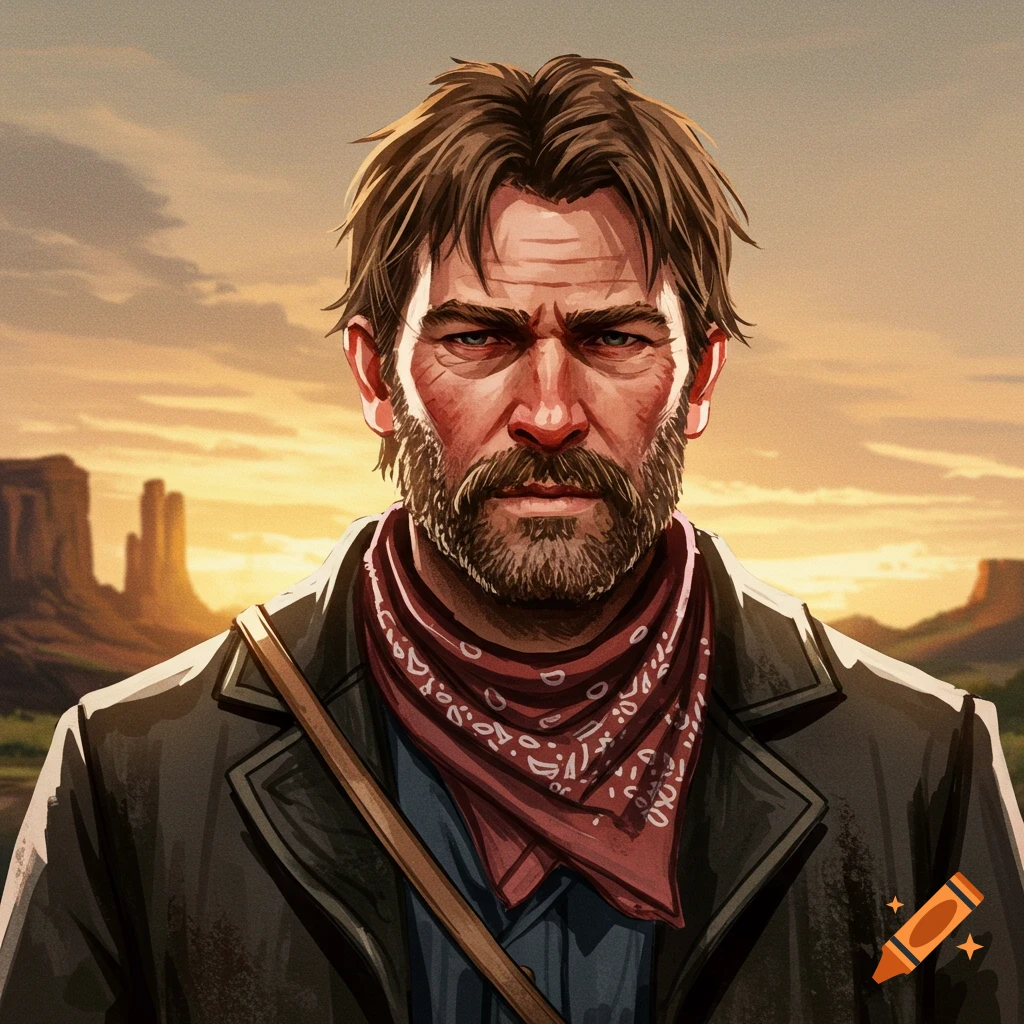 A rugged man with a beard and bandana, wearing a coat, against a western landscape backdrop.