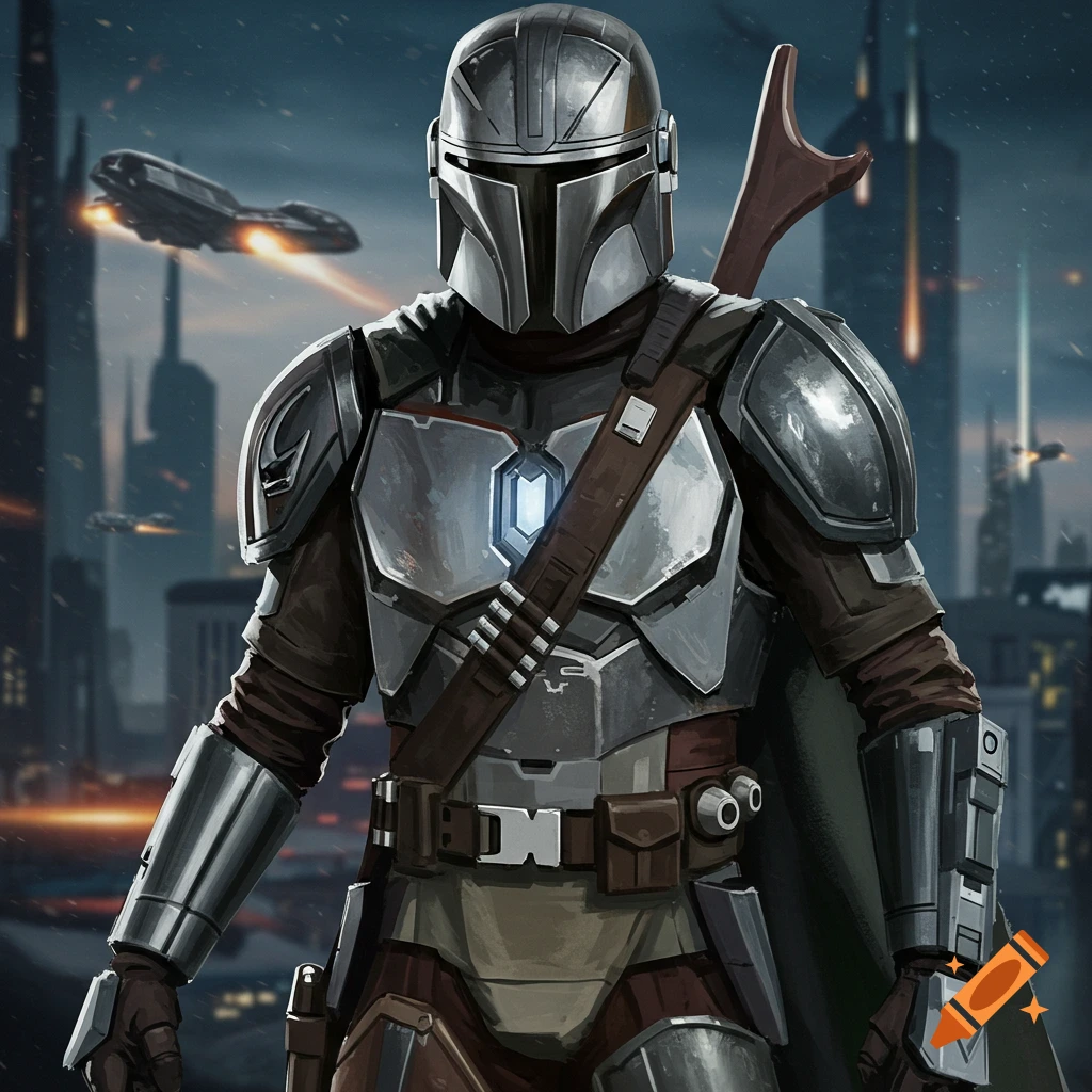 A character in sci-fi armor combining Mandalorian, Iron Man, and Clone Trooper styles, standing in a futuristic city.
