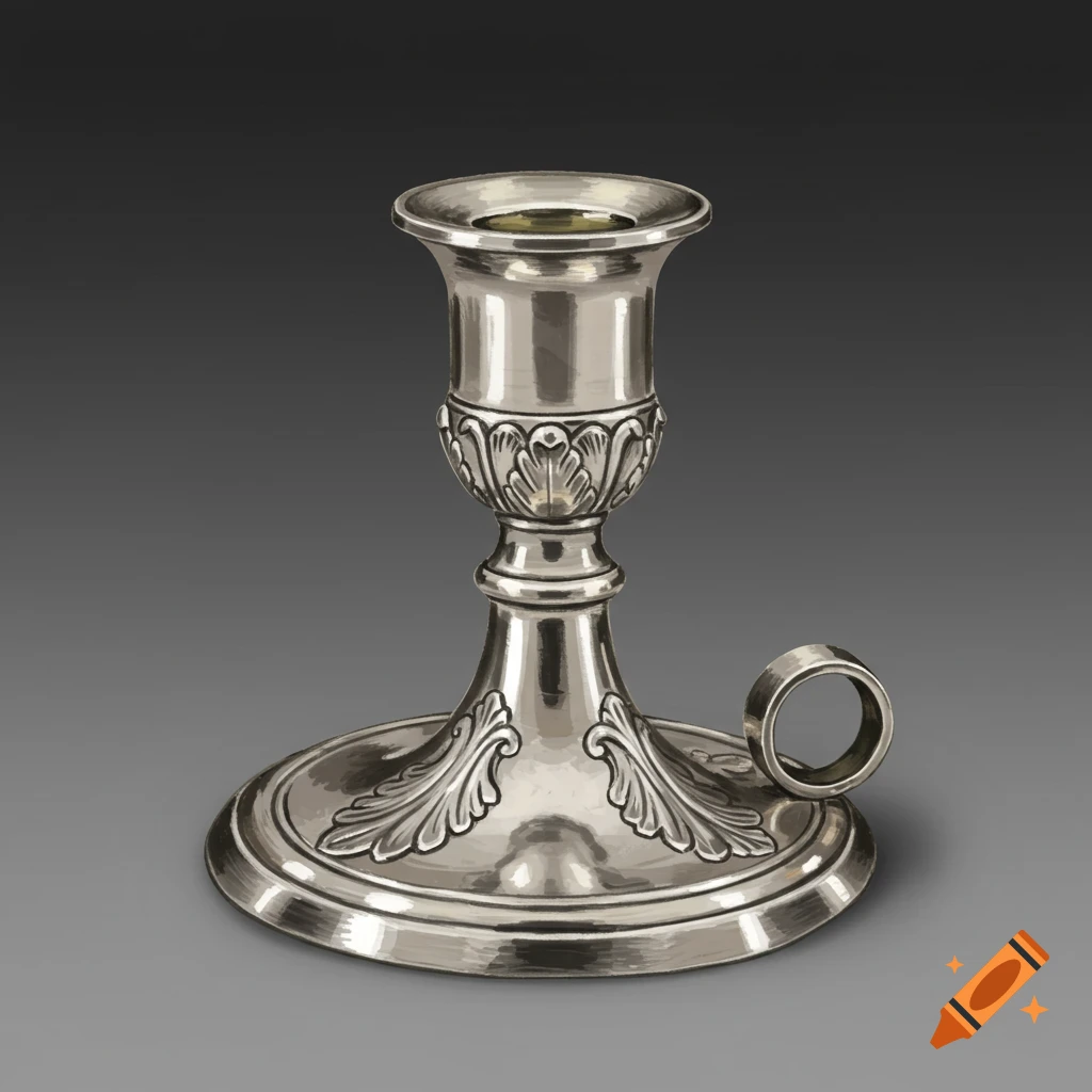 A silver candle holder with decorative carvings and a finger loop.