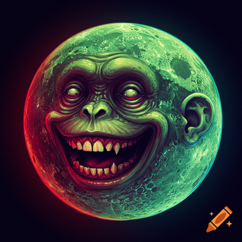 A creepy, green moon with a monkey face, big eyes, a wide smile, and sharp teeth.