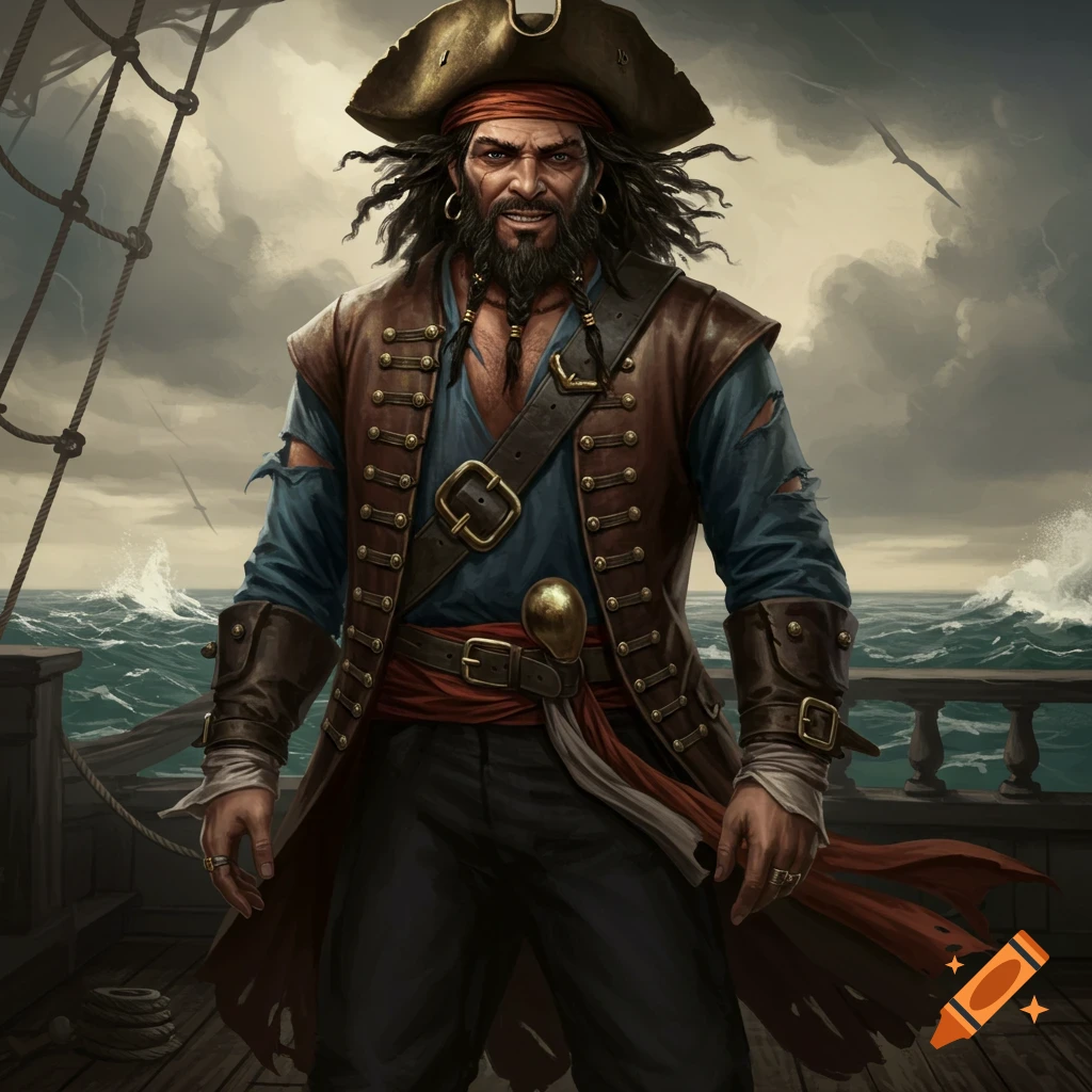 A pirate standing on a ship deck