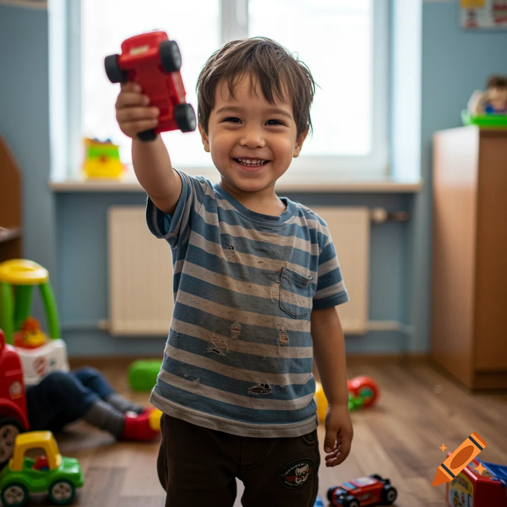 Young boy smiles holding up a red toy car in a playroom