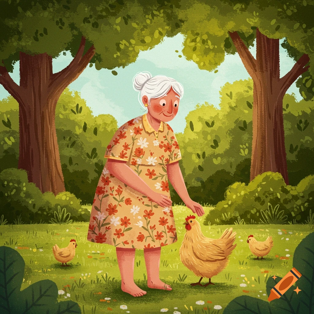 An older woman is petting a chicken in a garden