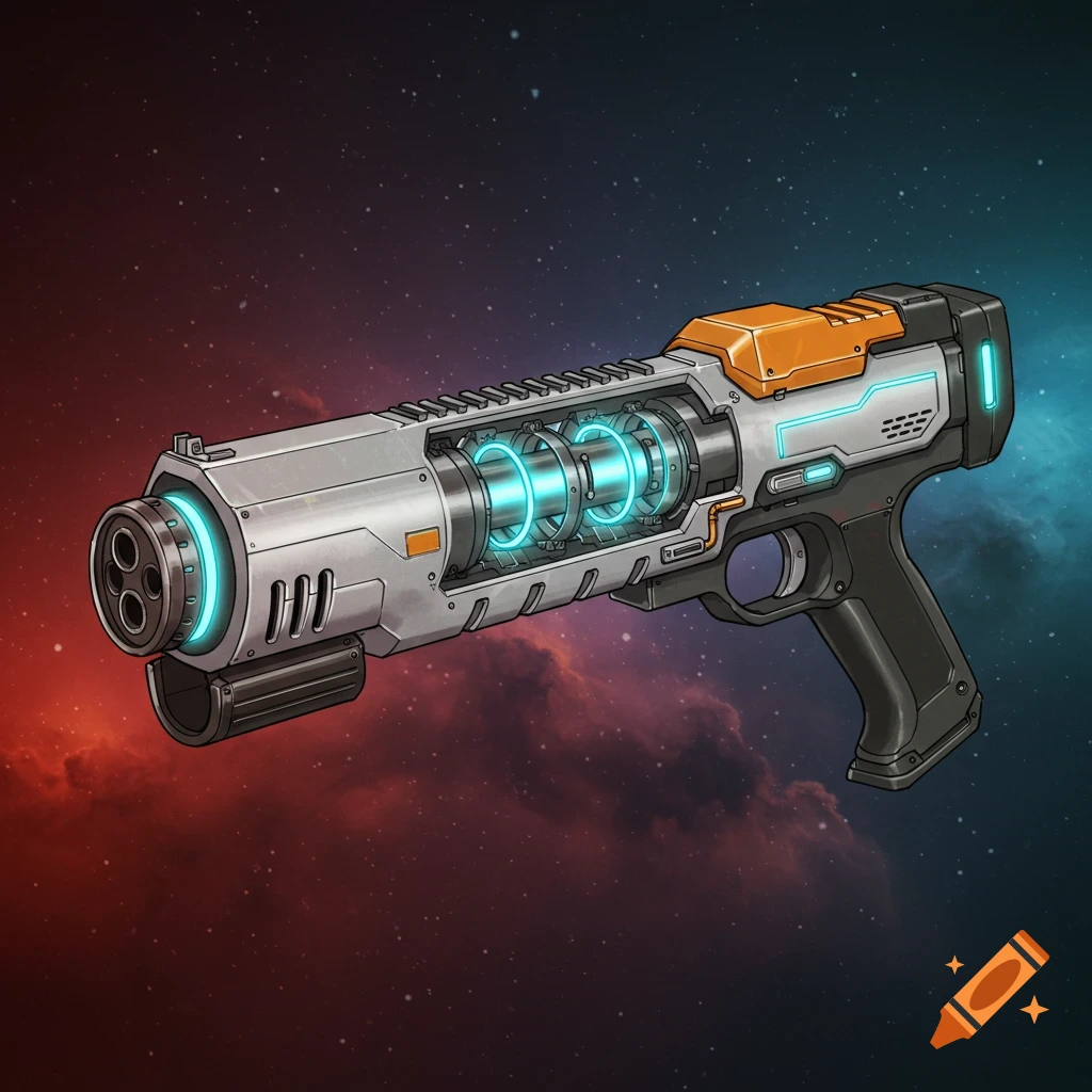 A stylized space laser gun with glowing blue parts against a starry red and blue nebula background.