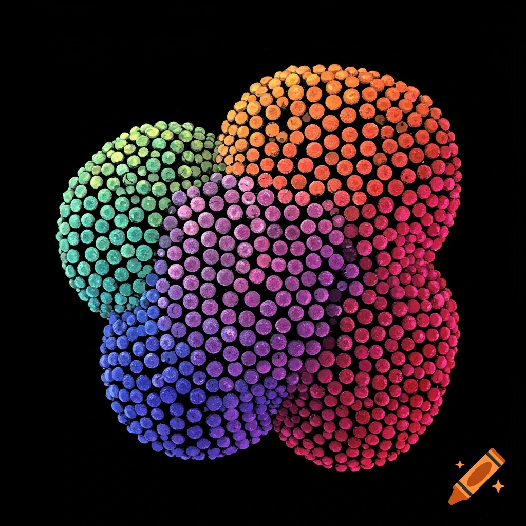 Abstract image of four clustered spheres made of colorful dots against a black background.