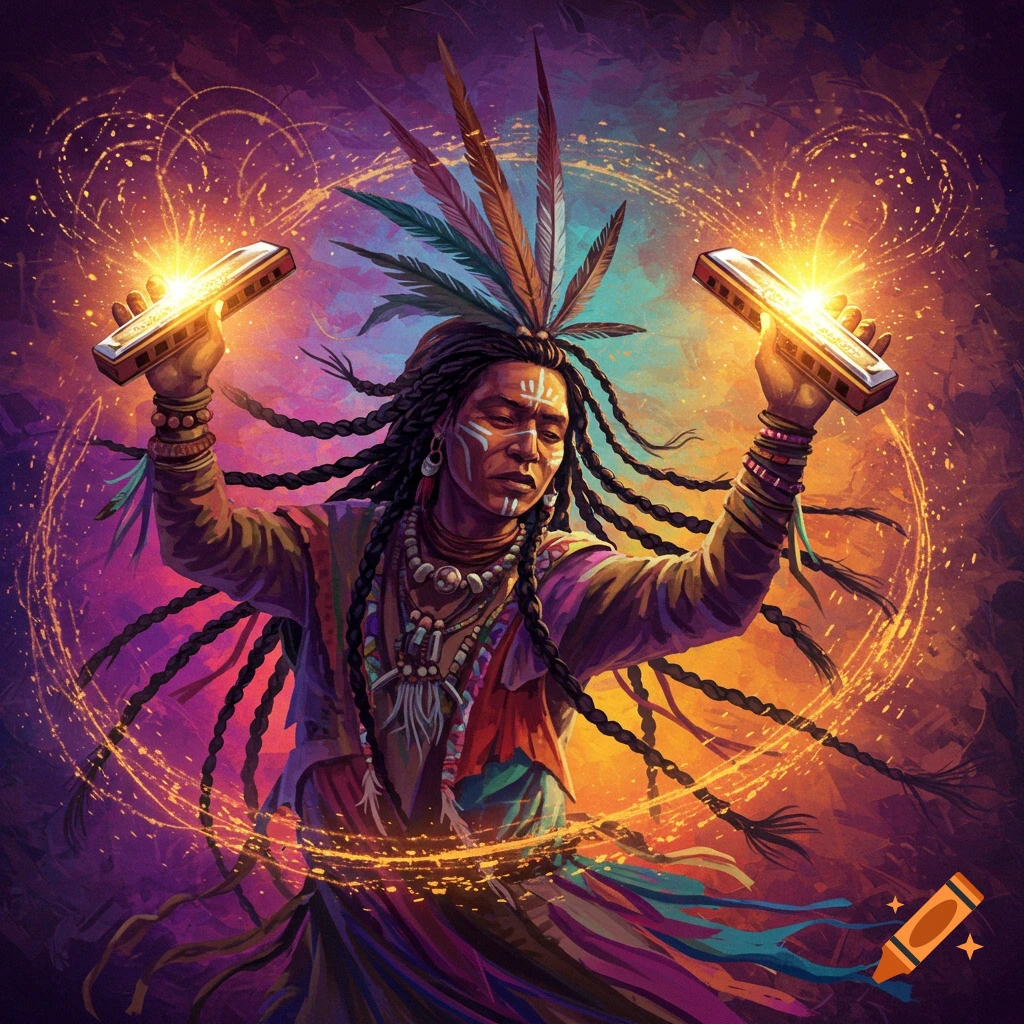 A shamanic figure with face paint and feathers holding glowing harmonicas in swirling light.