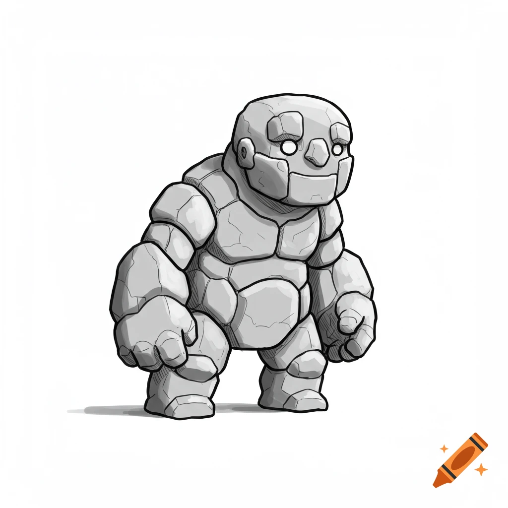 A small, fat golem made of rocks in line art style.