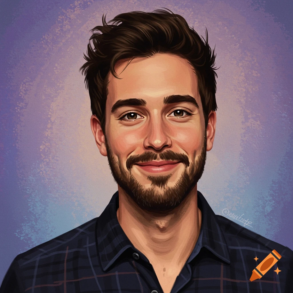 Portrait of a smiling man with dark hair and beard, wearing a plaid shirt.