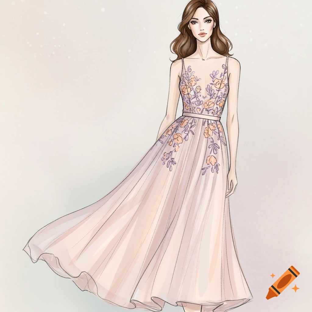 Fashion sketch of a woman wearing a flowing dress with floral embroidery.