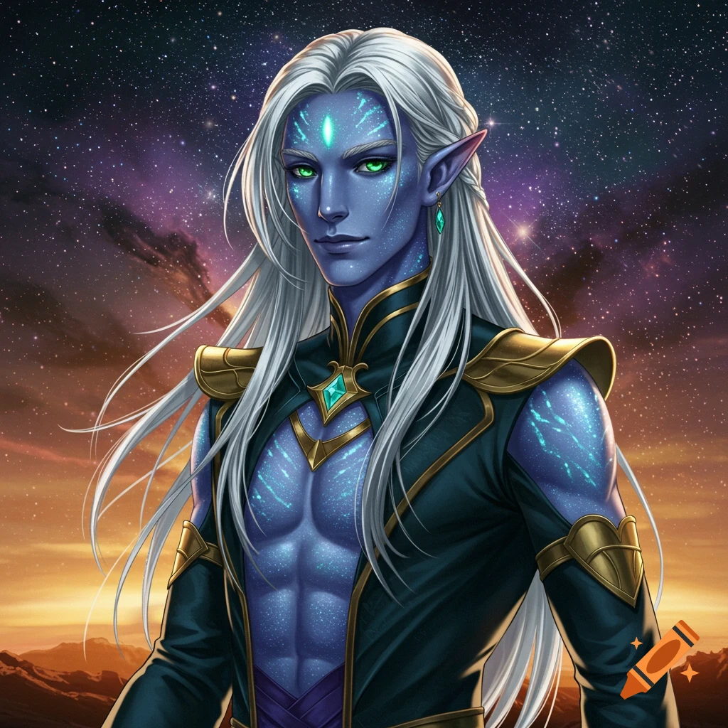 Anime-style alien humanoid male with silver hair, blue skin, and green ...