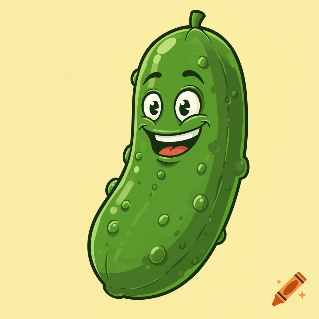 Cartoon pickle character with a big smile against a yellow background.
