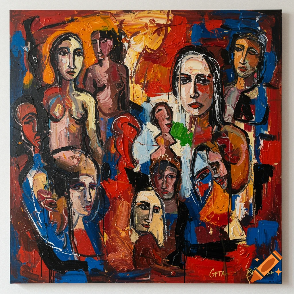 An expressionist painting of multiple figures.