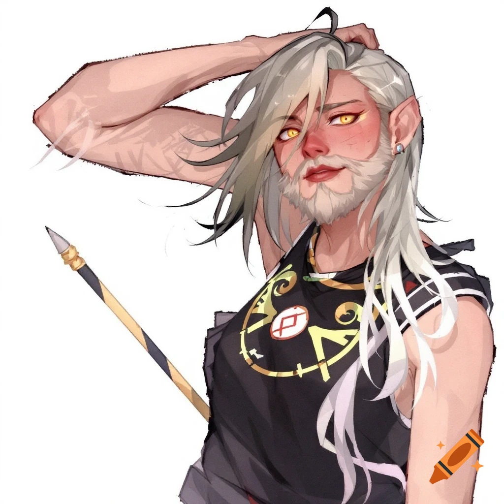 Anime style portrait of a character with silver hair, beard, pointed ears, yellow eyes, and a spear, holding a hand to their head.