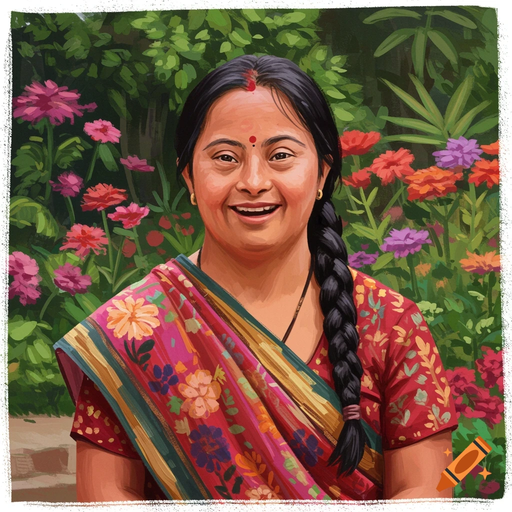A smiling South Asian woman with Down syndrome is in a colorful sari, surrounded by flowers in a garden.