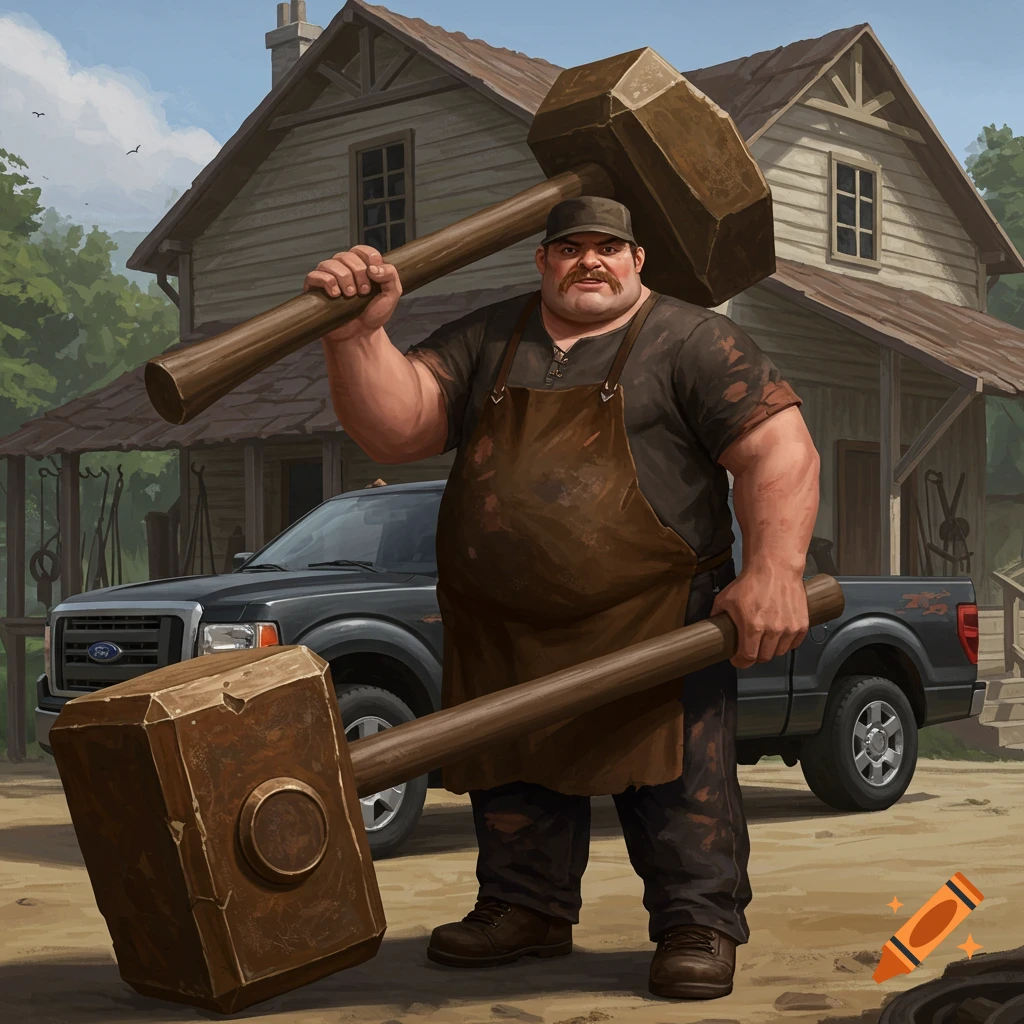 A man with a mustache and apron stands outside a house next to a black Ford truck, holding two giant hammers. He has a strong build.