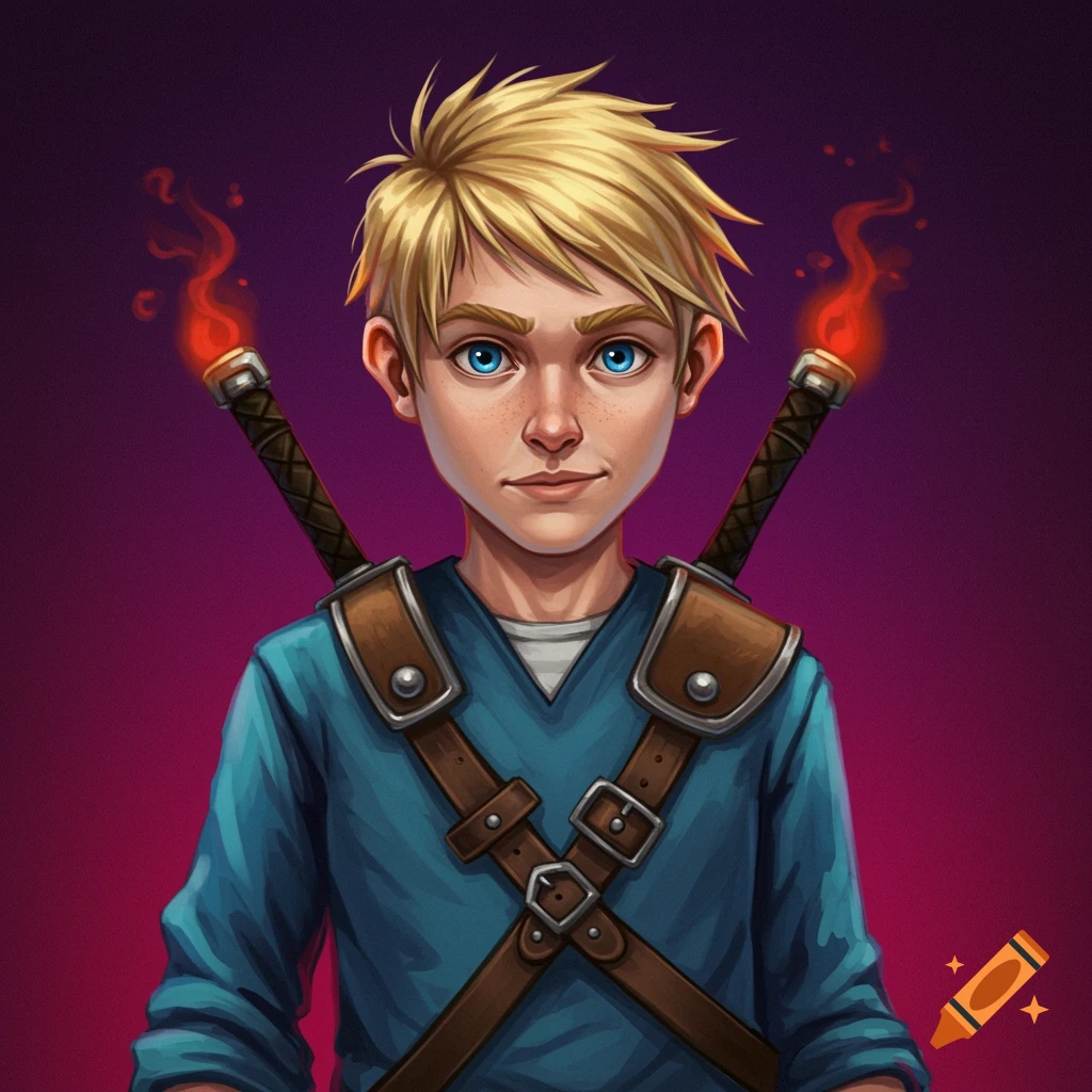 A blonde boy with blue eyes, wearing a blue shirt, with two swords on his back.