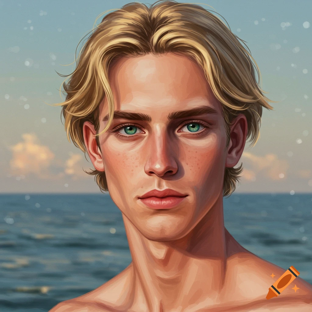 A young man with blonde hair and green eyes against a sea background.