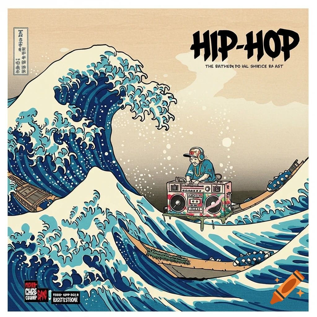 Stylized art of a person with a boombox in a boat on a large wave, similar to Hokusai's Great Wave.
