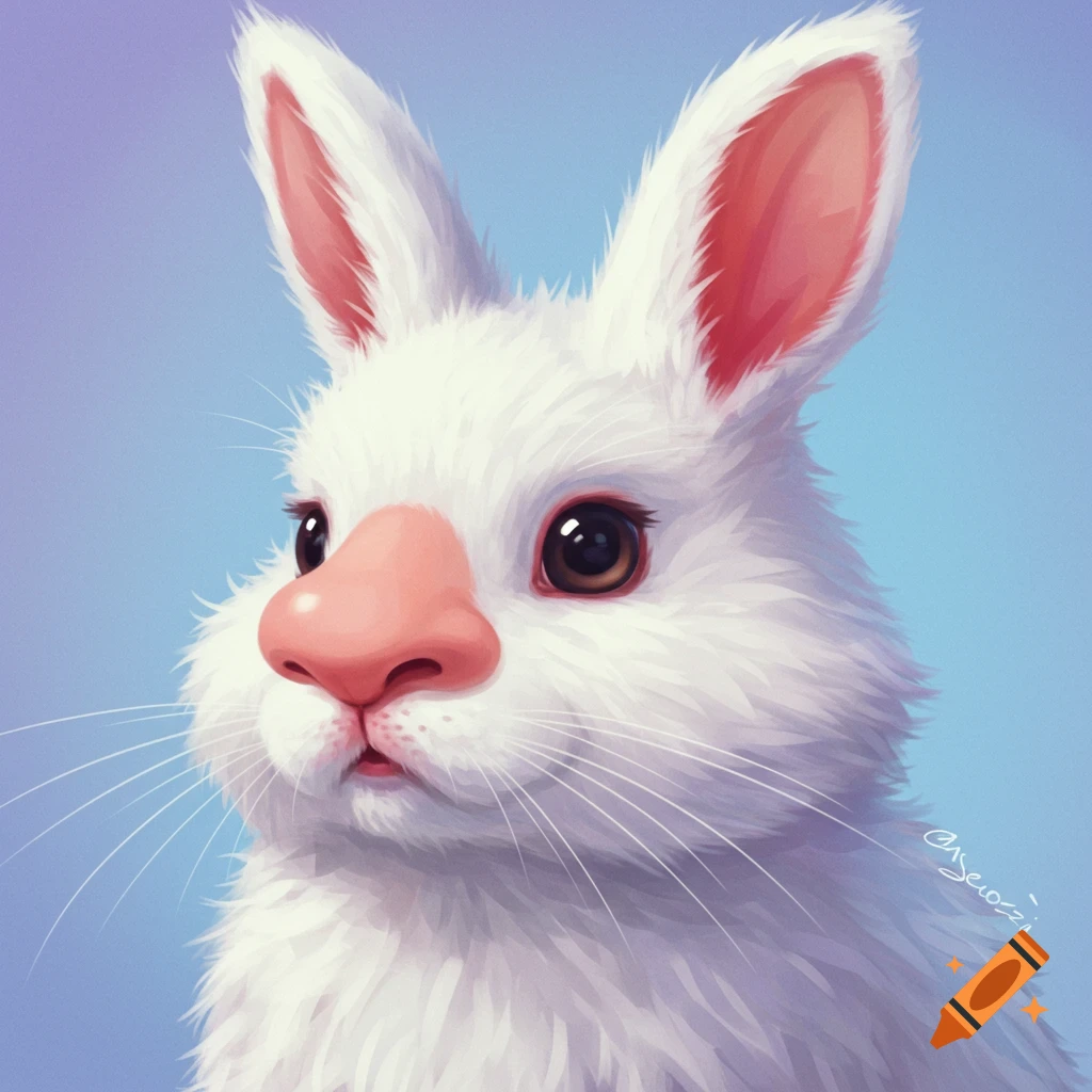 A close-up of a white rabbit with a human nose.