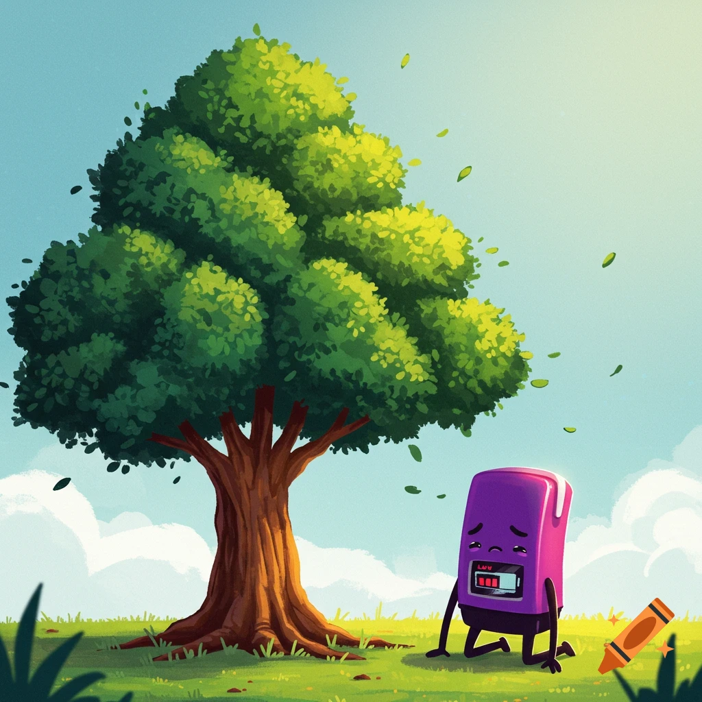A sad purple marker with a low battery kneels near a large tree in a field.