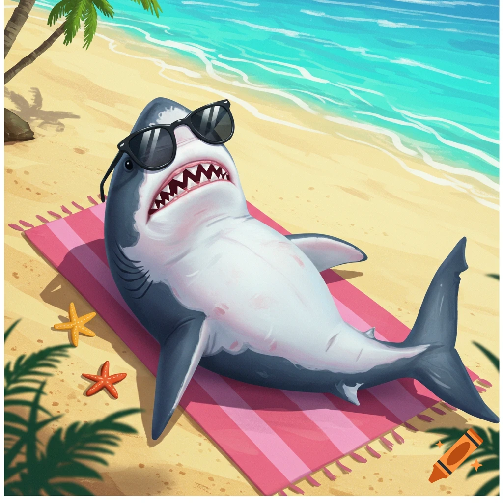 A cartoon shark wearing sunglasses sunbathing on a beach towel.