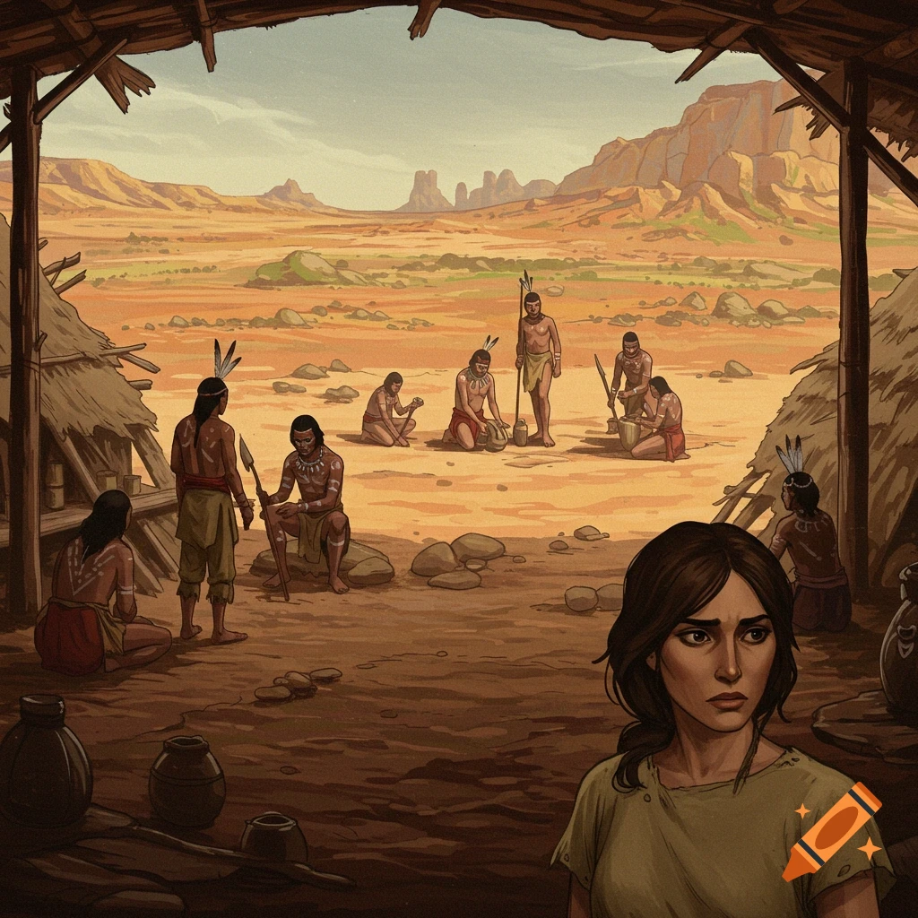 Illustration of indigenous people in a desert settlement with a troubled woman in the foreground.