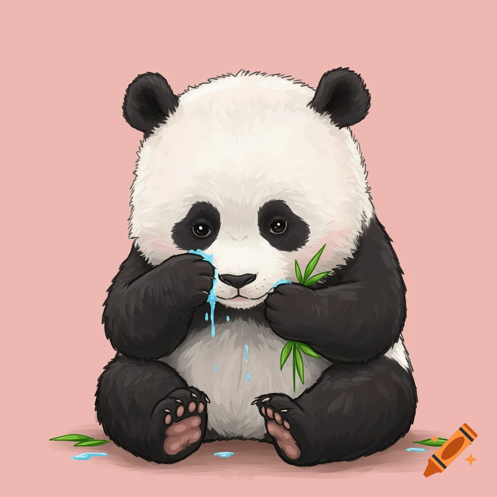 A cute baby panda is crying and wiping its face.