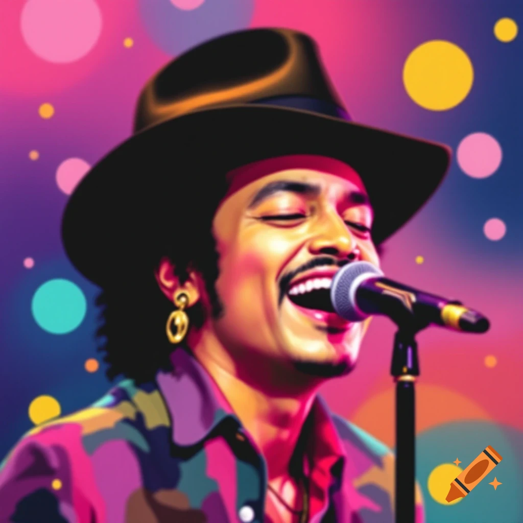 A singer with a hat and colorful shirt sings into a microphone against a vibrant, blurry background with large circles.