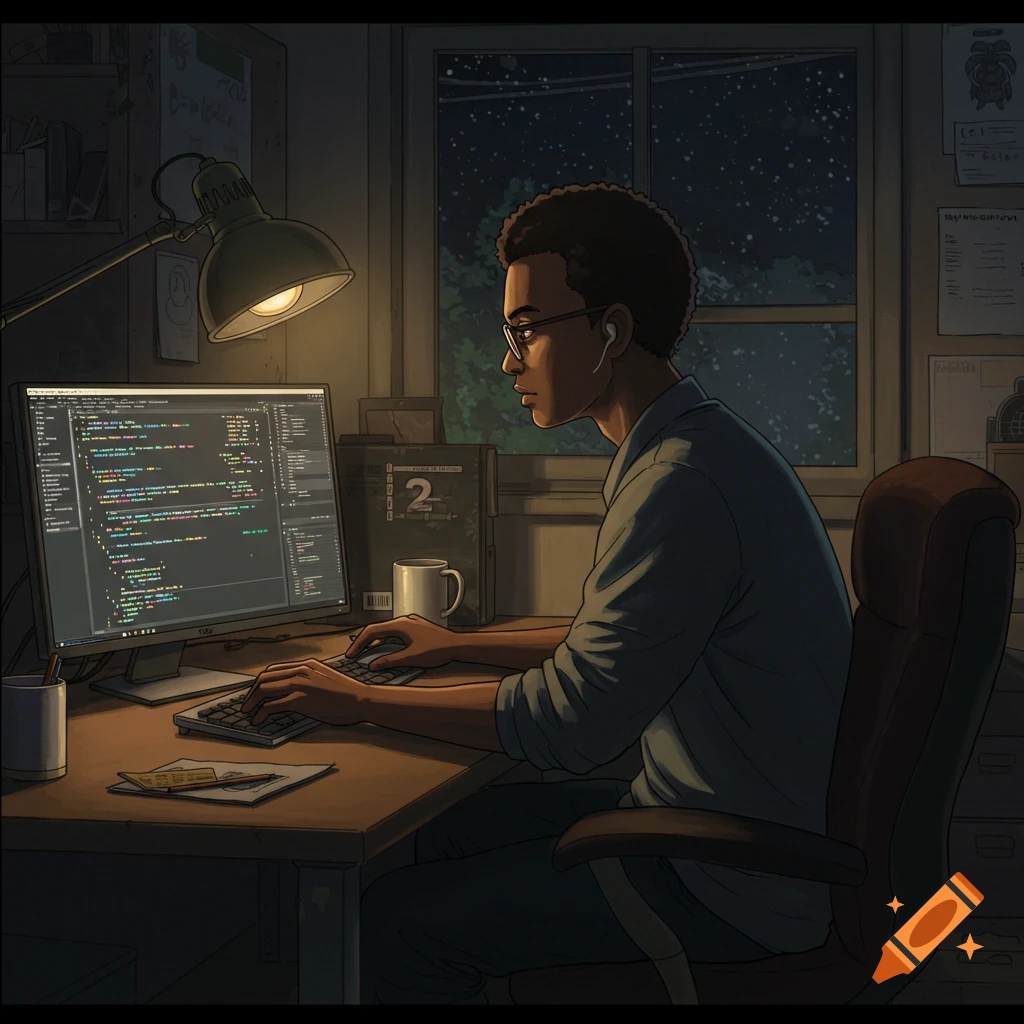 Black person coding at a computer at night in Ghibli anime style.
