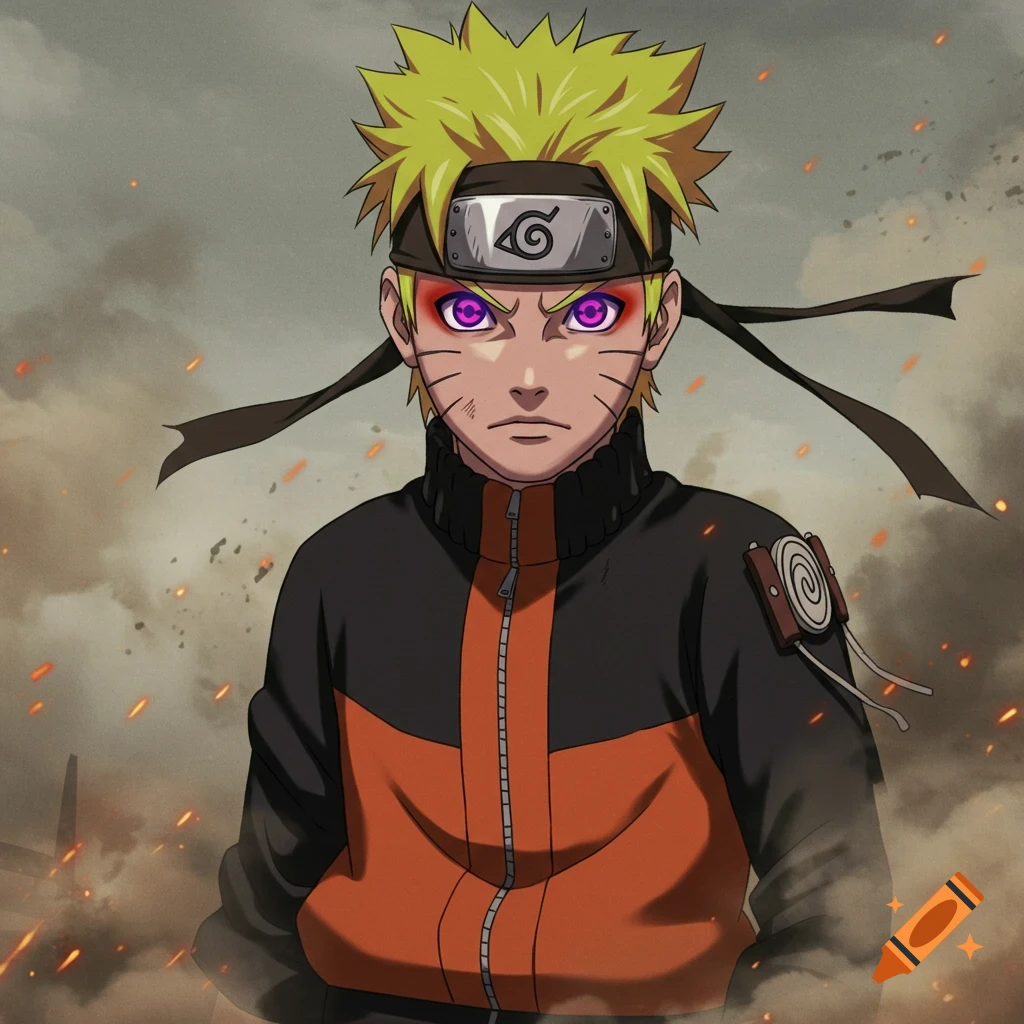 Anime portrait of Naruto Uzumaki with Sharingan eyes, wearing a headband and jacket, against a cloudy background with orange sparks.