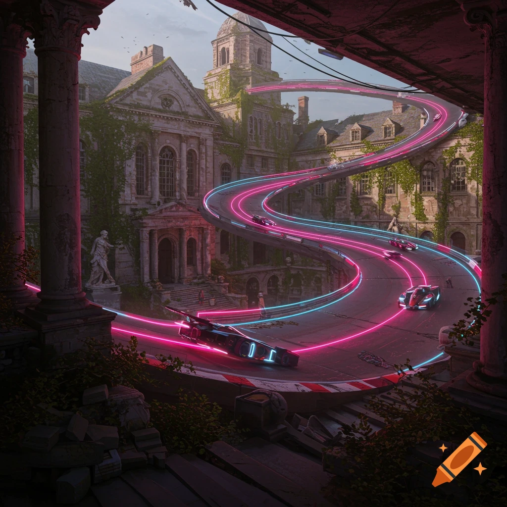 Futuristic cars race on a winding neon track through a ruined university building.