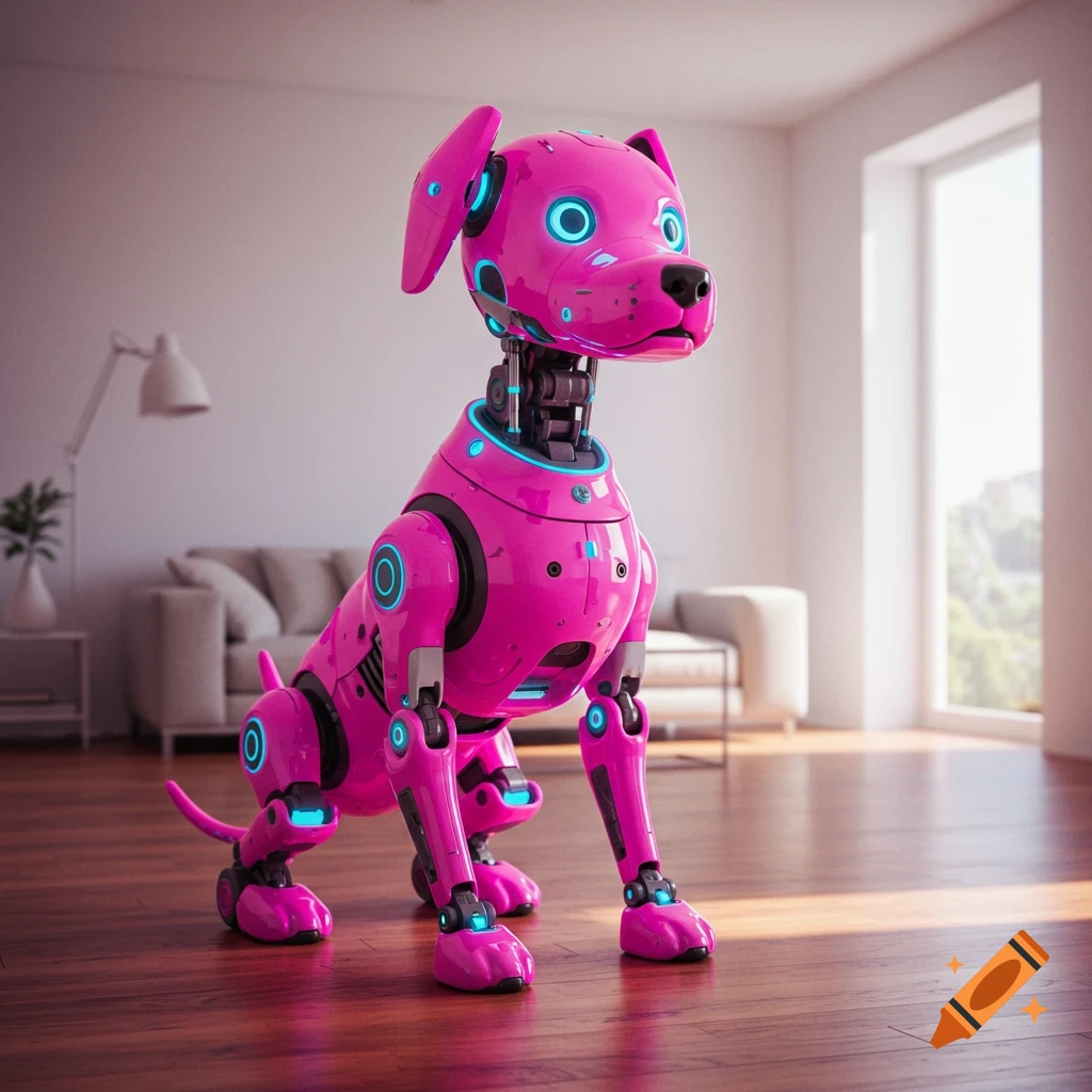 A shiny pink robotic dog stands on a wooden floor in a modern house.