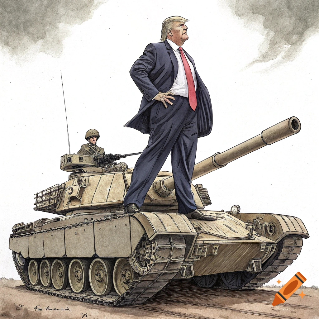 Illustration of Donald Trump standing on a tank