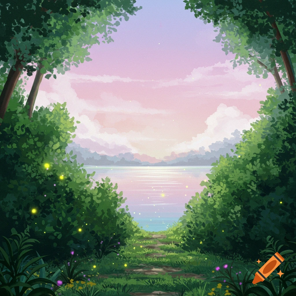 A forest path leading to a lake at sunset, with fireflies.