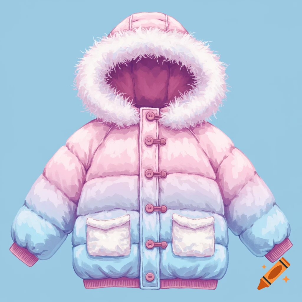 A cute pink, white, and blue winter jacket with a fur hood.