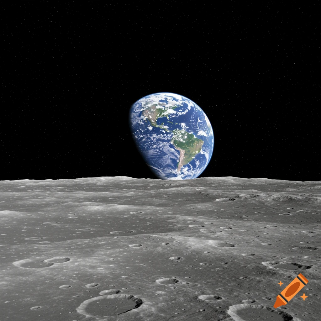 The Earth visible over the cratered surface of the Moon in space.