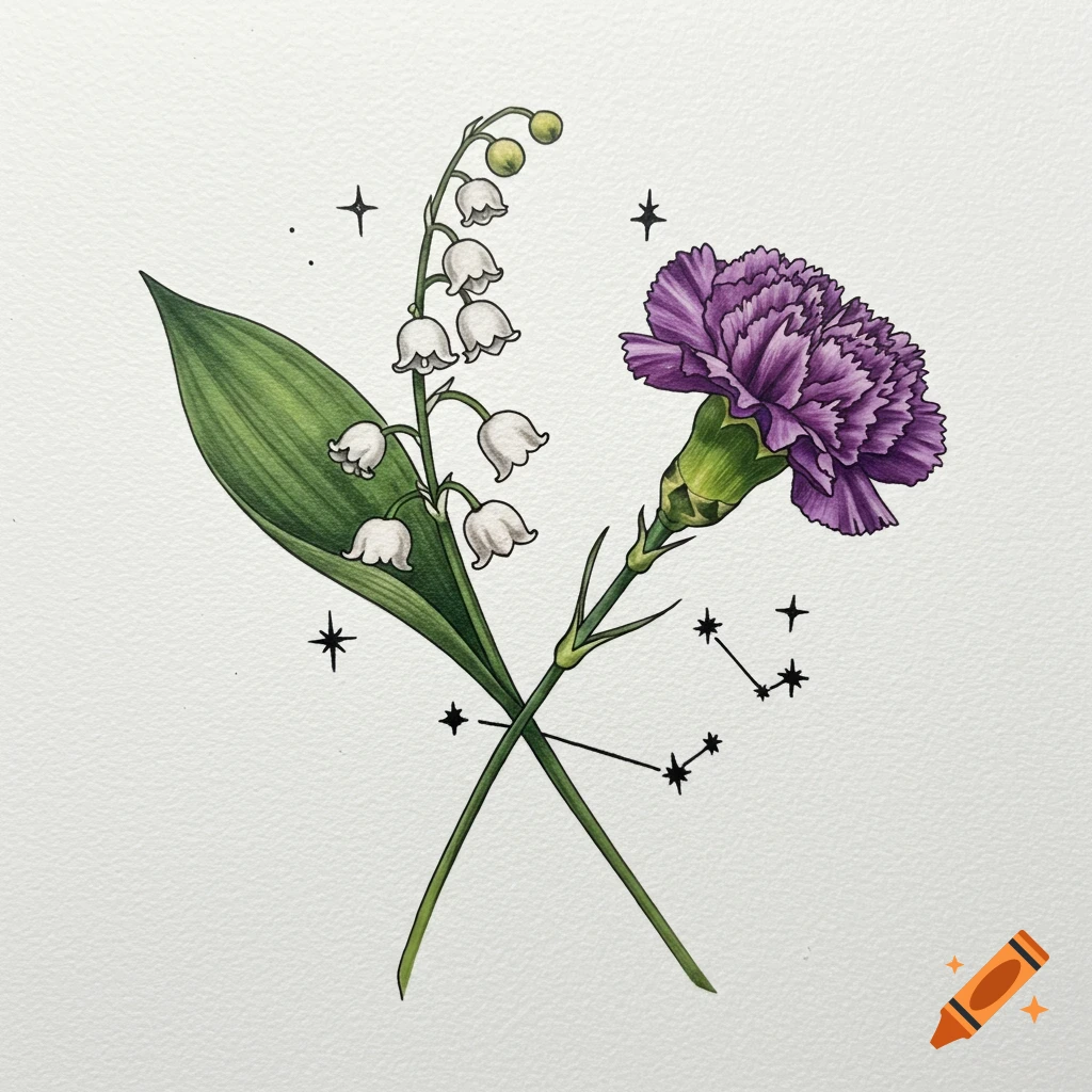 Fineline illustration of a lily of the valley and purple carnation with crossed stems and stars.