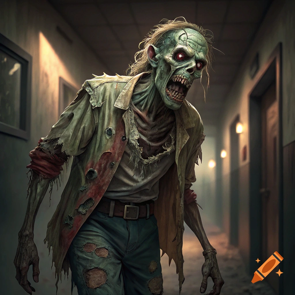 A creepy zombie with red eyes and torn clothes stands in a dim hallway.