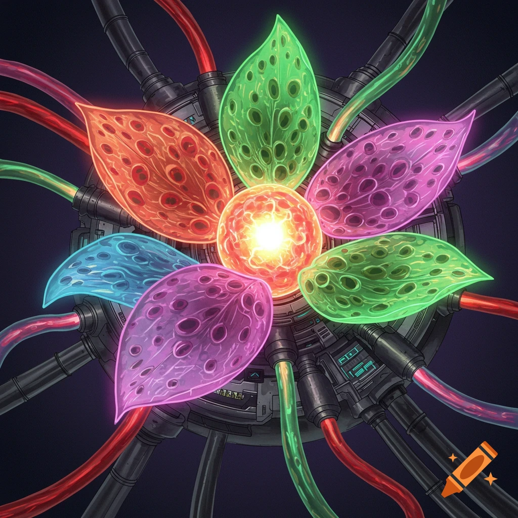A mechanical flower made of cables and glowing multi-colored petals.