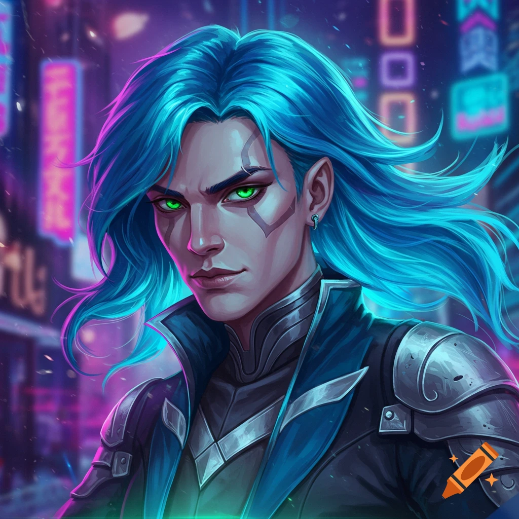A man with bright blue hair and glowing green eyes in futuristic armor against a blurry cyberpunk city background.