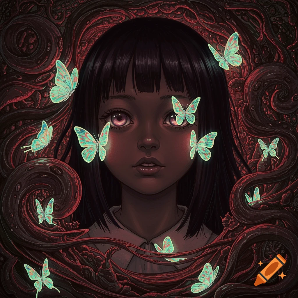 Detailed illustration of a dark-skinned girl with glowing butterflies and swirling patterns.