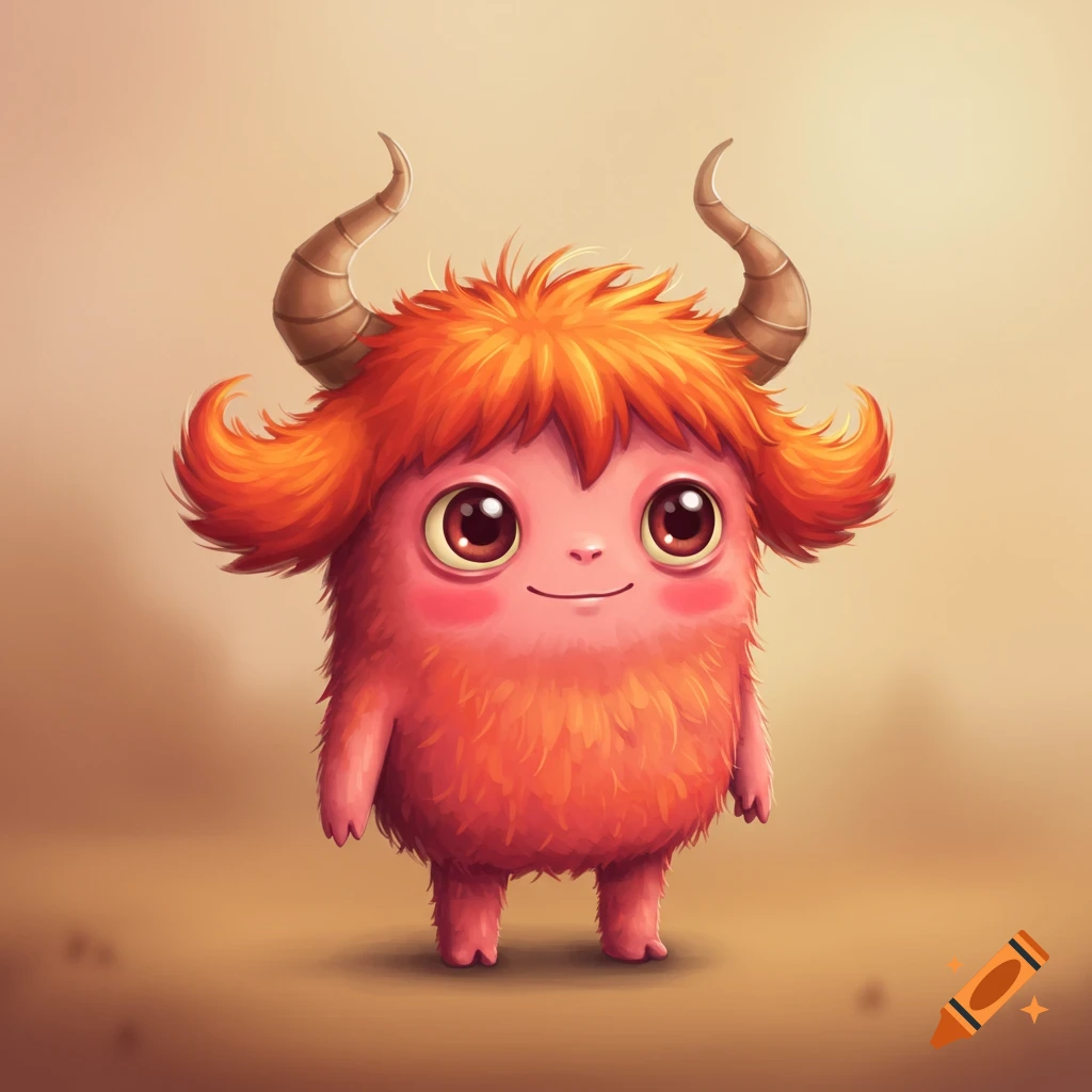 A cute, fuzzy pink and orange monster with horns stands and smiles.