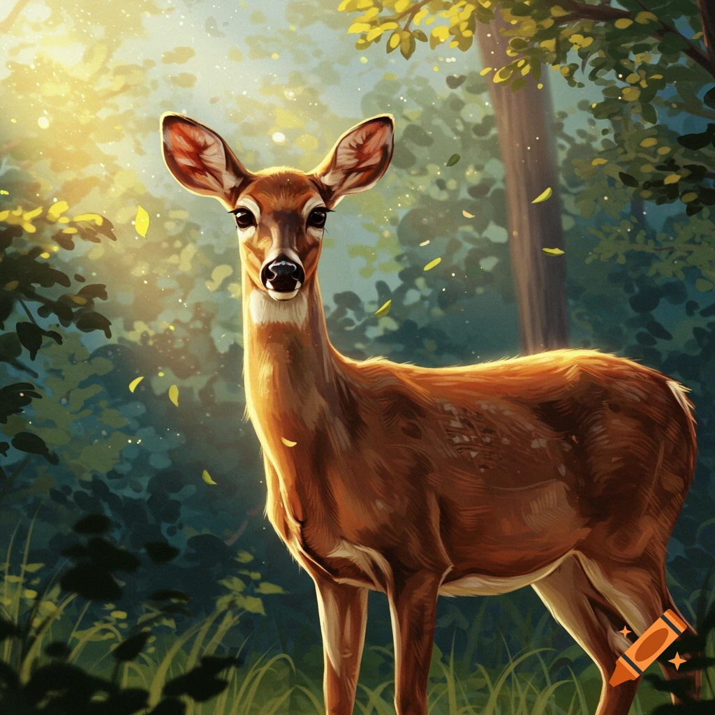 A deer stands in a sunlit forest.