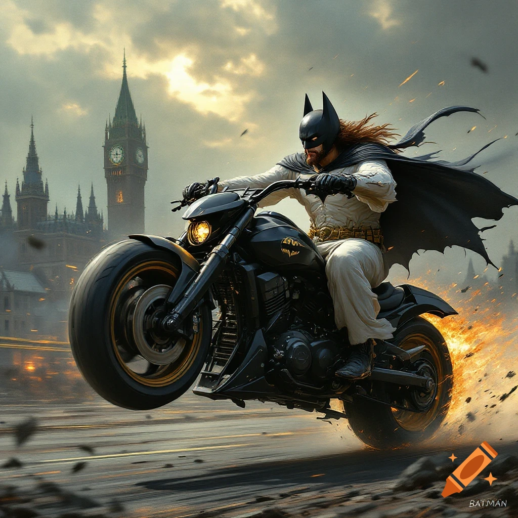 Figure resembling Batman in white riding futuristic motorcycle on one wheel with sparks, Big Ben background, photorealistic.
