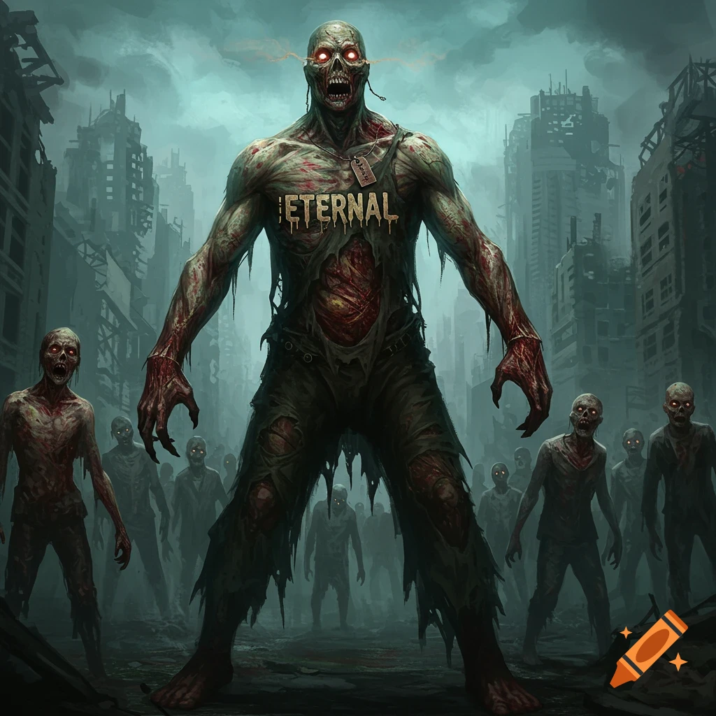 Large alpha zombie with ETERNAL tag leads horde in ruined city