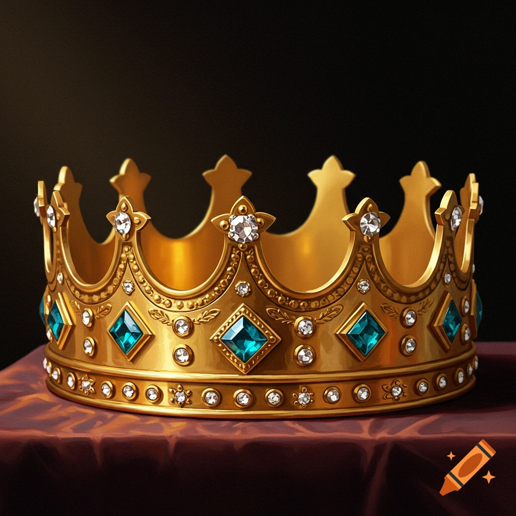 A detailed golden crown adorned with diamonds and blue jewels sits on a purple cloth against a dark background.