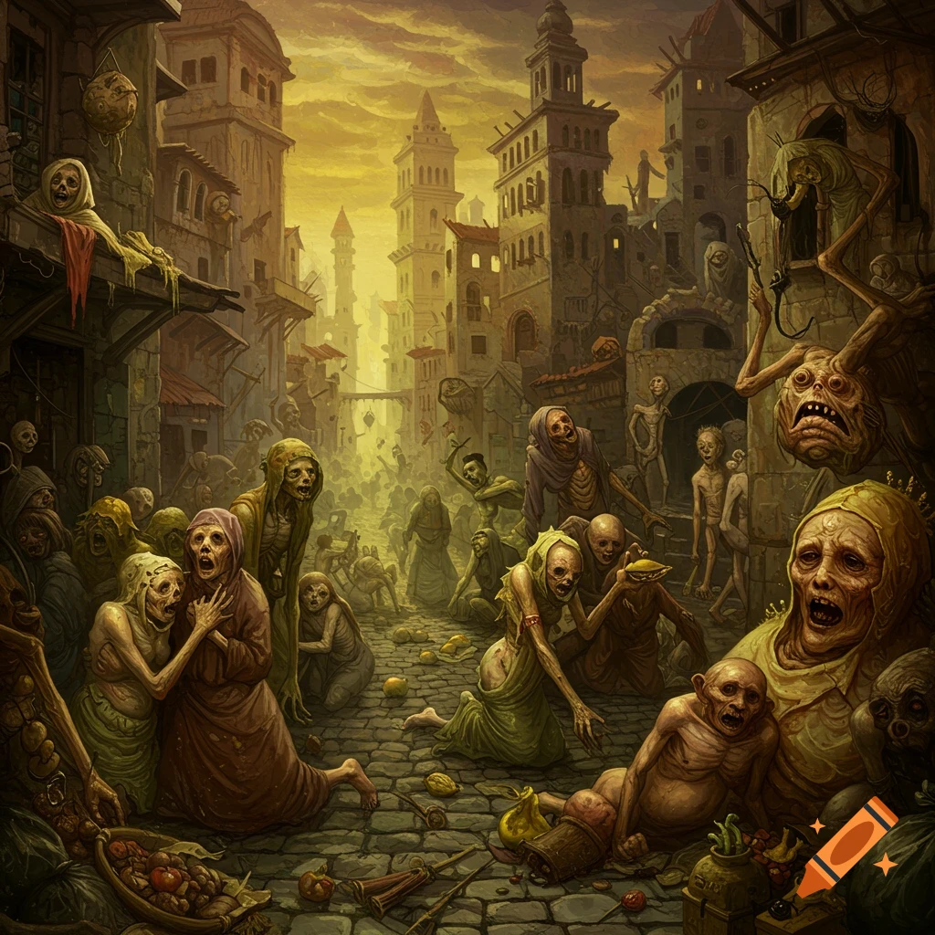 A crowded street in a ruined city filled with grotesque, zombie-like figures under an orange sky.