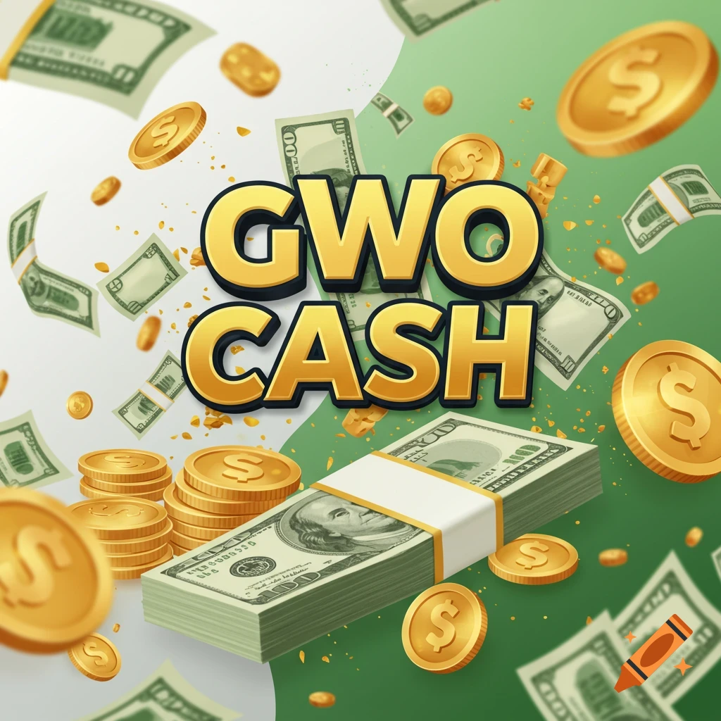 Illustration of flying cash and gold coins with the text 'GWO CASH' in the center